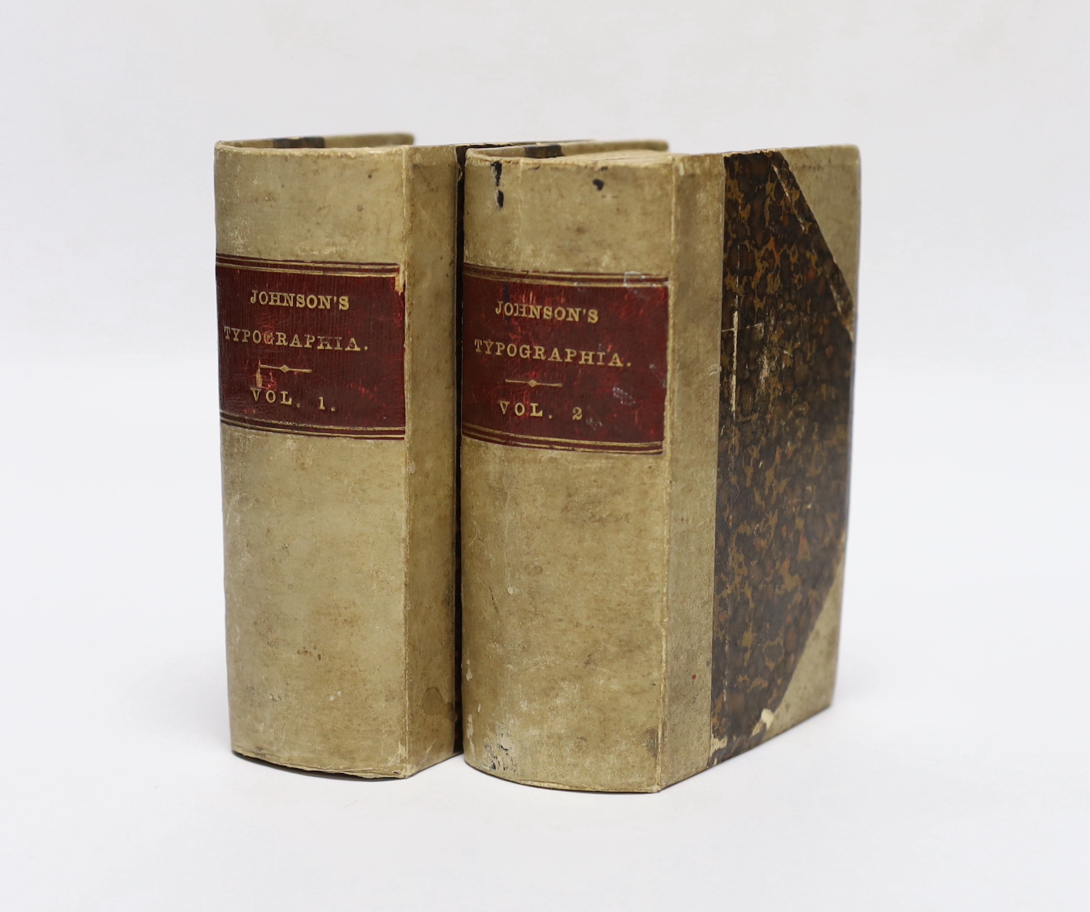 Johnson, John - Typographia, or the Printers Instructor, 2 vols, 16mo, half vellum with marbled boards, wood-engraved portraits, additional titles, and Roxburghe Club arms, illustrations and type-specimens, portrait of a